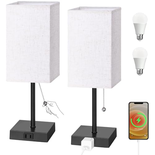 PLMMY Table Lamp for Bedroom Set of 2, Warm White Bedside Lamps with AC Outlets, Square Pull Chain Nightstand Lamp for Living Room, Office Desk, LED Bulb Included