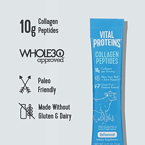 Vital Proteins Collagen Peptides Powder Supplement Travel Packs, Hydrolyzed Collagen for Skin Hair Nail Joint - Dairy & Gluten Free - 10g per Serving - Zero Sugar - Unflavored (20ct per Box)