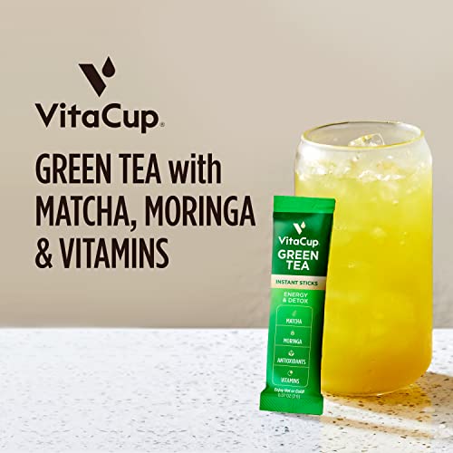 VitaCup Green Tea Instant Packets, Enhance Energy & Detox with Matcha, Moringa, B Vitamins, D3, Fiber, Keto, Paleo, Vegan in Tea Powder Single Serving Sticks, 24 Ct