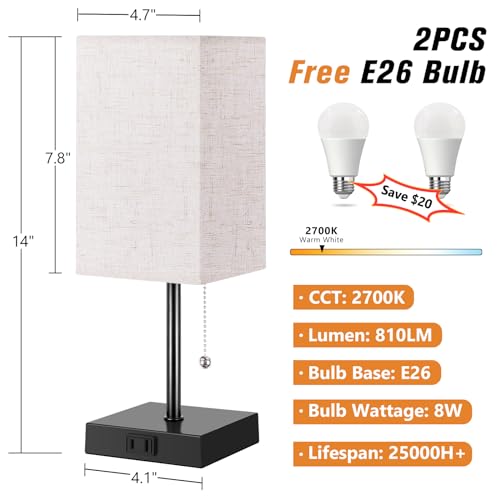 PLMMY Table Lamp for Bedroom Set of 2, Warm White Bedside Lamps with AC Outlets, Square Pull Chain Nightstand Lamp for Living Room, Office Desk, LED Bulb Included