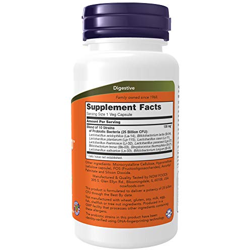 NOW Supplements, Probiotic-10™, 25 Billion, with 10 Probiotic Strains, Dairy, Soy and Gluten Free, Strain Verified, 100 Veg Capsules