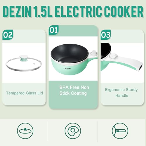 Dezin Electric Cooker Upgraded, Non-Stick Sauté Pan, 1.5L Mini Electric Fondue Pot for Cheese, Stir Fry, Roast, Steam with Power Adjustment, Perfect for Ramen, Steak (Egg Rack Included)