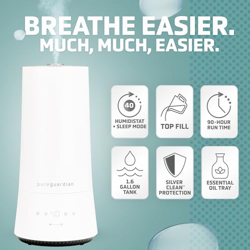 PureGuardian 90-Hour, 1.6 Gallon Top Fill Cool Mist Ultrasonic Humidifier for Large Rooms with Humidistat, 12-Hour Timer, Aroma Tray Bedroom, Living Room, Office, White, H997W