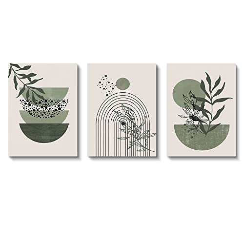 Sage Green Wall Posters & Prints, Green Boho Wall Art Set of 3, Minimalist Framed Wall Art Geometric Line Leaf Sun Moon Beige Green Canvas Artwork Paintings