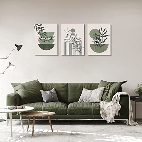 Sage Green Wall Posters & Prints, Green Boho Wall Art Set of 3, Minimalist Framed Wall Art Geometric Line Leaf Sun Moon Beige Green Canvas Artwork Paintings