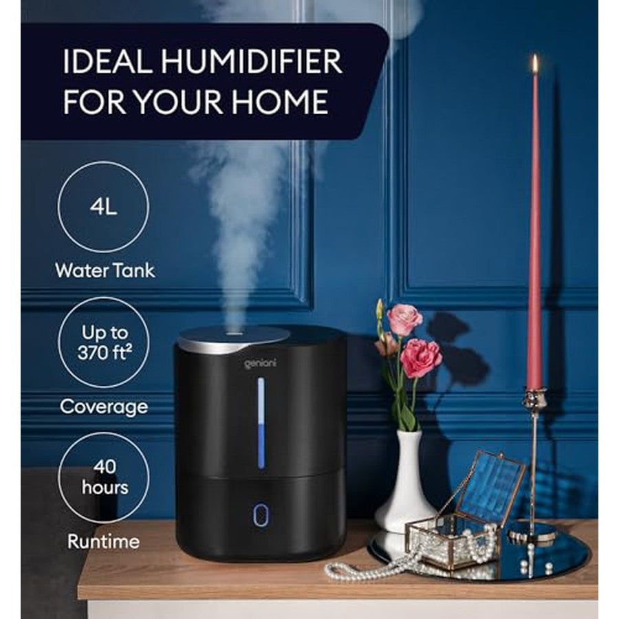 GENIANI Ultrasonic Cool Mist Humidifier for Bedroom, Large Rooms, Home, 4L - Easy Fill & Clean Humidifier for Plants w/Auto Shut-off, 40H Runtime - Quiet, Top Fill Air Humidifier & Vaporizer for Baby