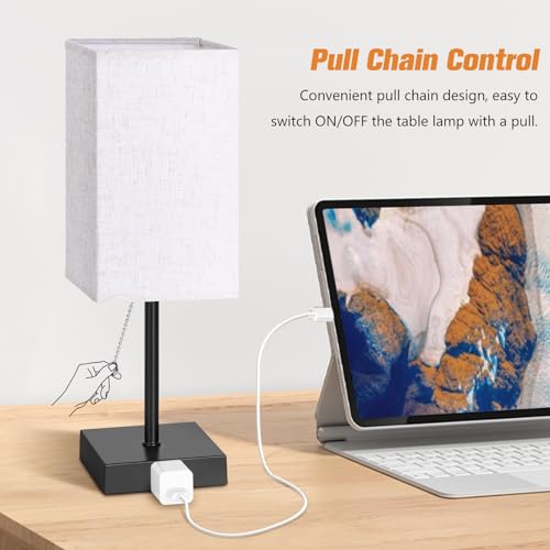 PLMMY Table Lamp for Bedroom Set of 2, Warm White Bedside Lamps with AC Outlets, Square Pull Chain Nightstand Lamp for Living Room, Office Desk, LED Bulb Included