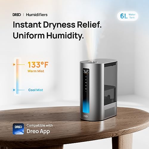 Dreo 6L Smart Humidifier, Warm & Cool Mist Humidifier for Bedroom, Top Fill, 60Hr Runtime, High Precision Humidity Sensor and Indicator Light, Large Room, Nursery, Plant, Works with Alexa, HM713S