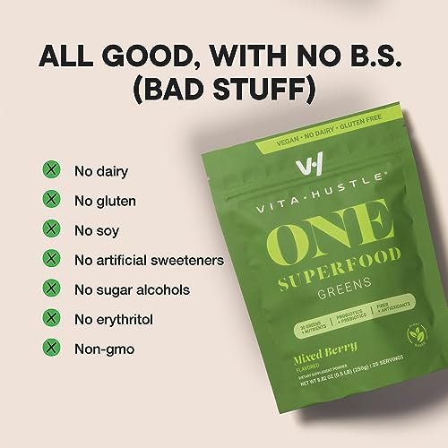 VitaHustle ONE Superfood Super Greens Powder by Kevin Hart, Berry Favor, Prebiotics + Probiotics, Spirulina, Chlorella, Digestive Enzymes, Gut Health, Bloating, Detox (Berry Flavor)