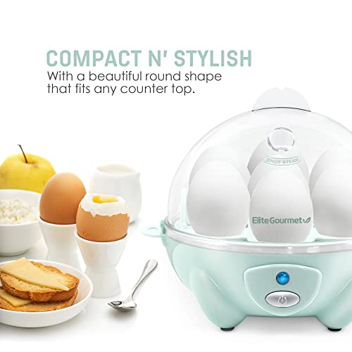 Elite Gourmet EGC007M# Rapid Egg Cooker, 7 Easy-To-Peel, Hard, Medium, Soft Boiled Eggs, Poacher, Omelet Maker, Auto Shut-Off, Alarm, 16-Recipe Booklet, BPA-Free, Mint, 7 Egg