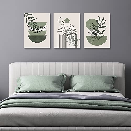 Sage Green Wall Posters & Prints, Green Boho Wall Art Set of 3, Minimalist Framed Wall Art Geometric Line Leaf Sun Moon Beige Green Canvas Artwork Paintings