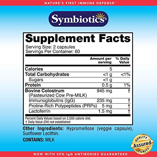 Symbiotics Colostrum 120ct Vegetable Capsules - Immunity Support - Lactoferrin Supplement & Colostrum Protein with Immunoglobulin - 25% lgG Antibodies - Gluten Free