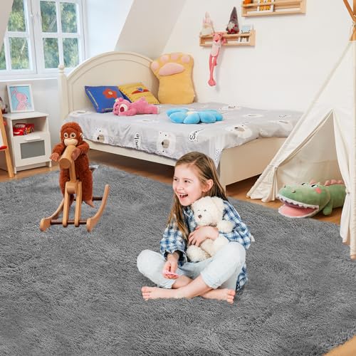 Ultra Soft Rug for Living Room, 5X8 Ft Grey Fluffy Shag Area Rug for Bedroom, Modern Shaggy Carpets Fuzzy Rug for Kids Boys Girls Dorm Nursery Home Decor Aesthetic, Upgrade Anti-Skid Durable