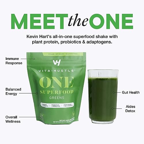 VitaHustle ONE Superfood Super Greens Powder by Kevin Hart, Berry Favor, Prebiotics + Probiotics, Spirulina, Chlorella, Digestive Enzymes, Gut Health, Bloating, Detox (Berry Flavor)