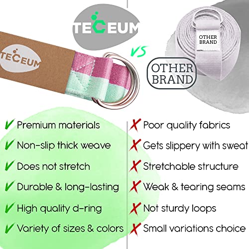 [NEW 2023] TECEUM Yoga Strap – Cotton – 6 ft 8 ft 10 ft (15+ colors) – Adjustable Non-Slip Belt for Daily Yoga Practice, Pilates, Stretching, Physical Therapy, Fitness & Home Workout – For All Levels