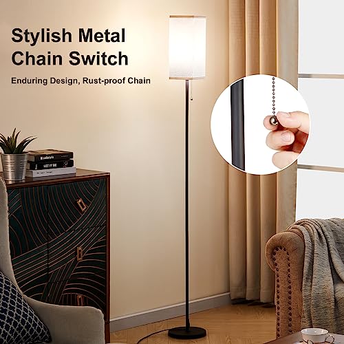 Ziisee Tall Floor Lamp with Linen Shade - 3 Color Temperature, Black, LED Bulbs, Pull Chain Switch, Easy Assembly