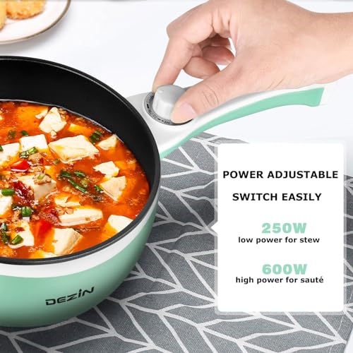 Dezin Electric Cooker Upgraded, Non-Stick Sauté Pan, 1.5L Mini Electric Fondue Pot for Cheese, Stir Fry, Roast, Steam with Power Adjustment, Perfect for Ramen, Steak (Egg Rack Included)