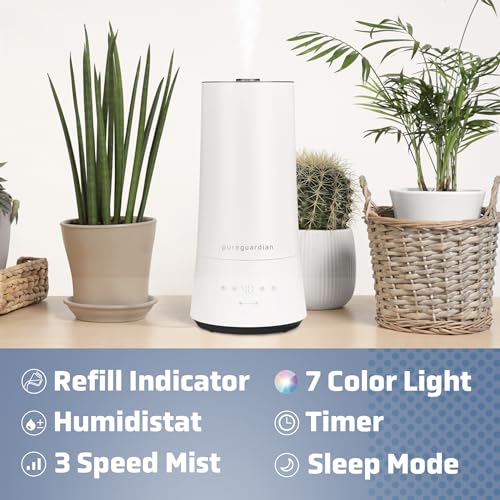 PureGuardian 90-Hour, 1.6 Gallon Top Fill Cool Mist Ultrasonic Humidifier for Large Rooms with Humidistat, 12-Hour Timer, Aroma Tray Bedroom, Living Room, Office, White, H997W