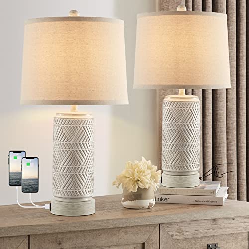 RORIANO Set of 2 Rustic Touch Ceramic Table Lamps for Living Room, 3 Way Dimmable with Dual USB Ports Bedroom Nightstand Lamp, Linen Fabric Shade Bedside Accent Desk Lamps, LED Bulb Included