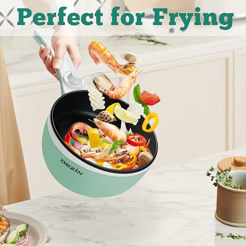 Dezin Electric Cooker Upgraded, Non-Stick Sauté Pan, 1.5L Mini Electric Fondue Pot for Cheese, Stir Fry, Roast, Steam with Power Adjustment, Perfect for Ramen, Steak (Egg Rack Included)