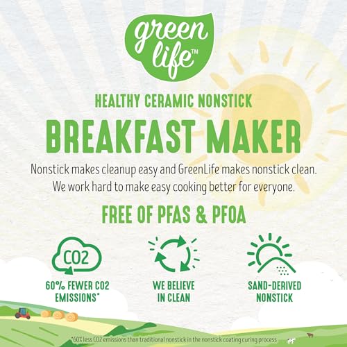 GreenLife 3-in-1 Breakfast Maker Station, Healthy Ceramic Nonstick Dual Griddles for Eggs Meat Sausage Bacon Pancakes and Breakfast Sandwiches, 2 Slice Toast Drawer, Easy-to-use Timer, White