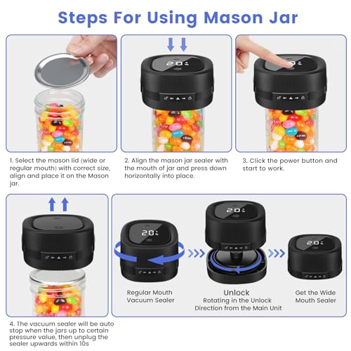 Electric Mason Jar Vacuum Sealer, Auto Off Canning Jars Vacuum Sealer Kit for Vacuum Bags Wide and Regular Mouth Mason Jars Sealing, New 3-in-1 Can Vacuum Sealer Machine for Food Storage