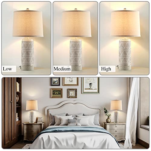 RORIANO Set of 2 Rustic Touch Ceramic Table Lamps for Living Room, 3 Way Dimmable with Dual USB Ports Bedroom Nightstand Lamp, Linen Fabric Shade Bedside Accent Desk Lamps, LED Bulb Included