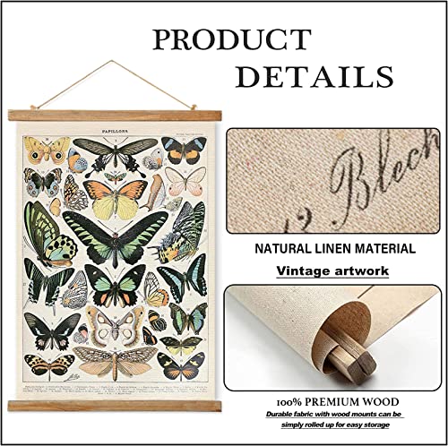 Ovfovy Vintage Butterfly Poster Hanger Frame, Retro Style of Wall Art Prints, Printed on Linen with Natural Wooden Frames, Illustrative Reference Chart Poster for Living Room Office Bedroom