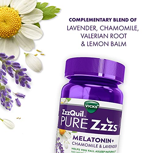 ZzzQuil PURE Zzzs Melatonin Sleep Aid Gummies, Helps You Fall Asleep Naturally, Wildberry Vanilla Flavor, Chamomile Lavender & Valerian Root, 1mg per gummy, 72 Count