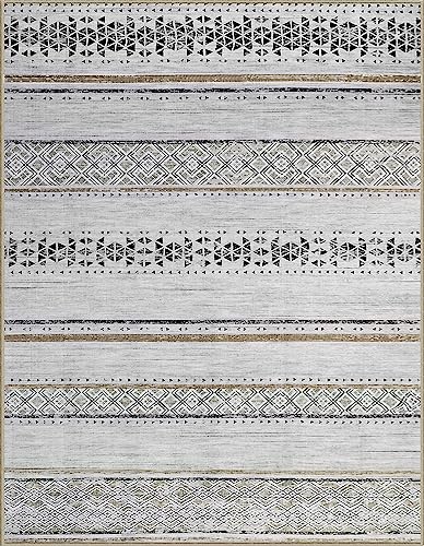 Area Rugs 9x12 Living Room: Large Machine Washable Rug with Non-Slip Backing Stain Resistant Soft Geometric Moroccan Carpet for Bedroom Dining Nursery Room Home Office - Brown/Ivory