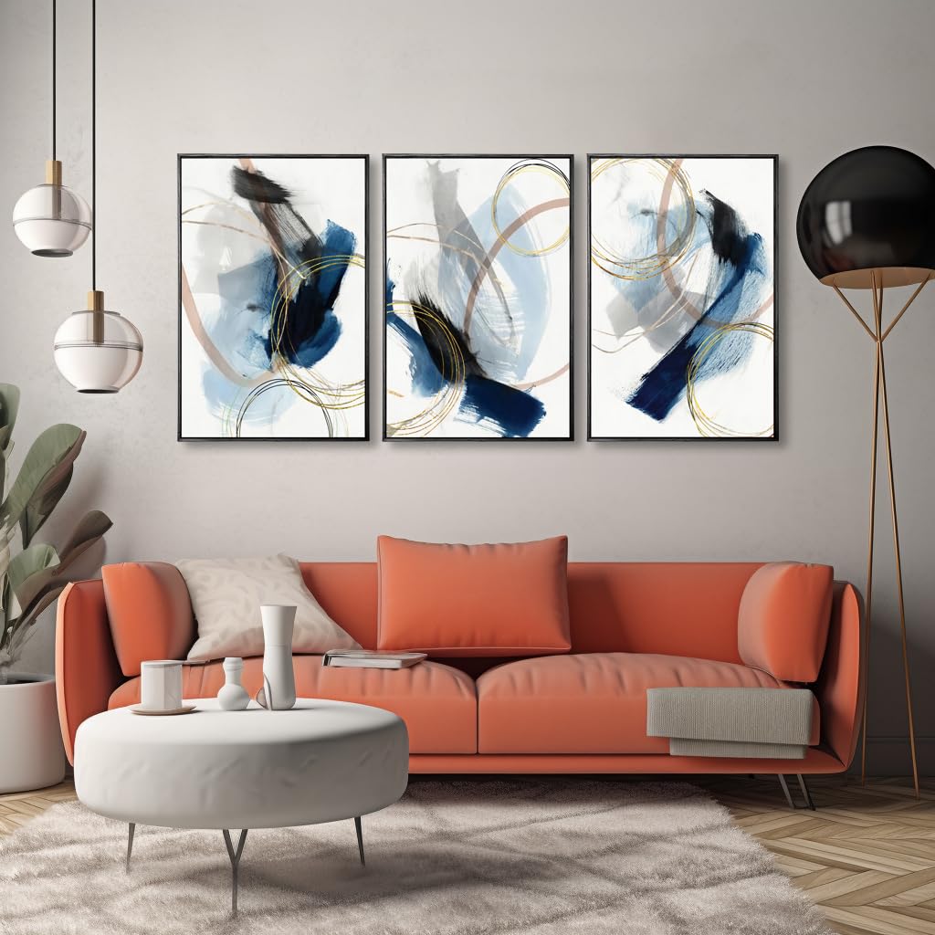 3 Piece black franed Abstract Wall Art Blue Paintings Minimalist Wall Decor Graffiti Poster Modern Artwork Picture Canvas Print,Framed for Living Room Bedroom