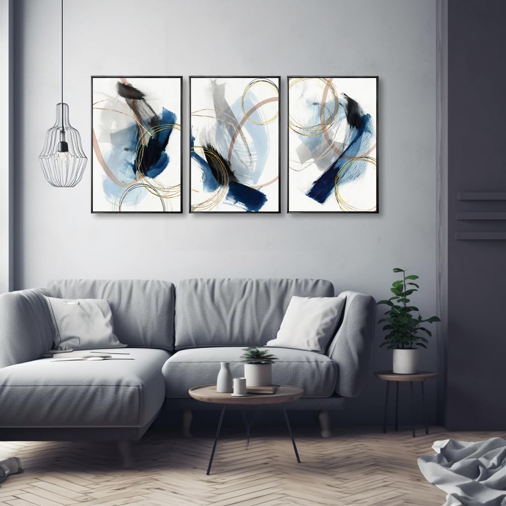 3 Piece black franed Abstract Wall Art Blue Paintings Minimalist Wall Decor Graffiti Poster Modern Artwork Picture Canvas Print,Framed for Living Room Bedroom