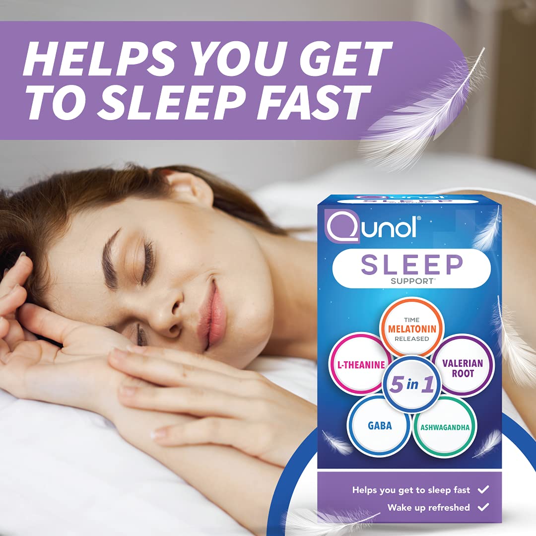 Qunol Sleep Support, 5 in 1 Non-Habit Forming Sleep Aid, Supplement with time-released Melatonin 5mg, Ashwagandha, GABA, Valerian Root, L-Theanine, 60ct Capsules