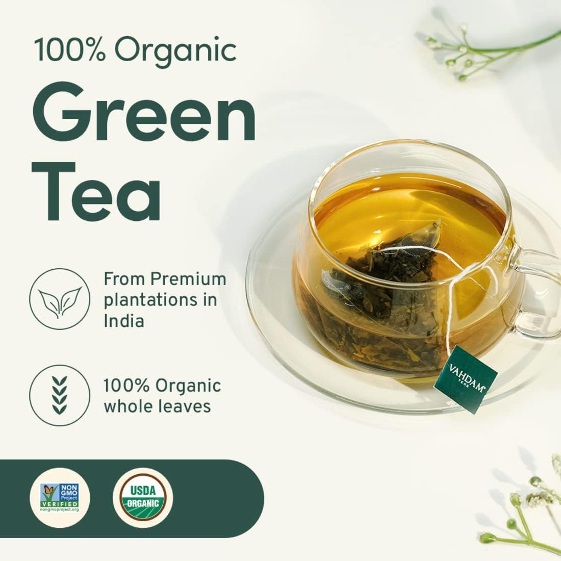 VAHDAM, Organic Green Tea Leaves From Himalayas (100 Green Tea Bags) USDA Organic, Non GMO, Gluten Free, High Grown | Whole Loose-Leaf Tea Bags | Resealable Ziplock Pouch