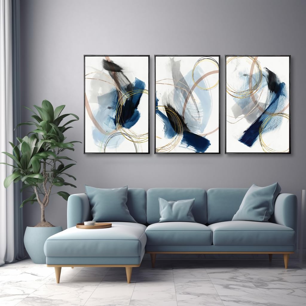 3 Piece black franed Abstract Wall Art Blue Paintings Minimalist Wall Decor Graffiti Poster Modern Artwork Picture Canvas Print,Framed for Living Room Bedroom