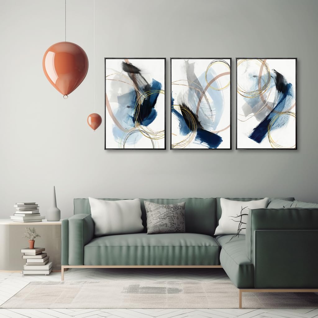 3 Piece black franed Abstract Wall Art Blue Paintings Minimalist Wall Decor Graffiti Poster Modern Artwork Picture Canvas Print,Framed for Living Room Bedroom