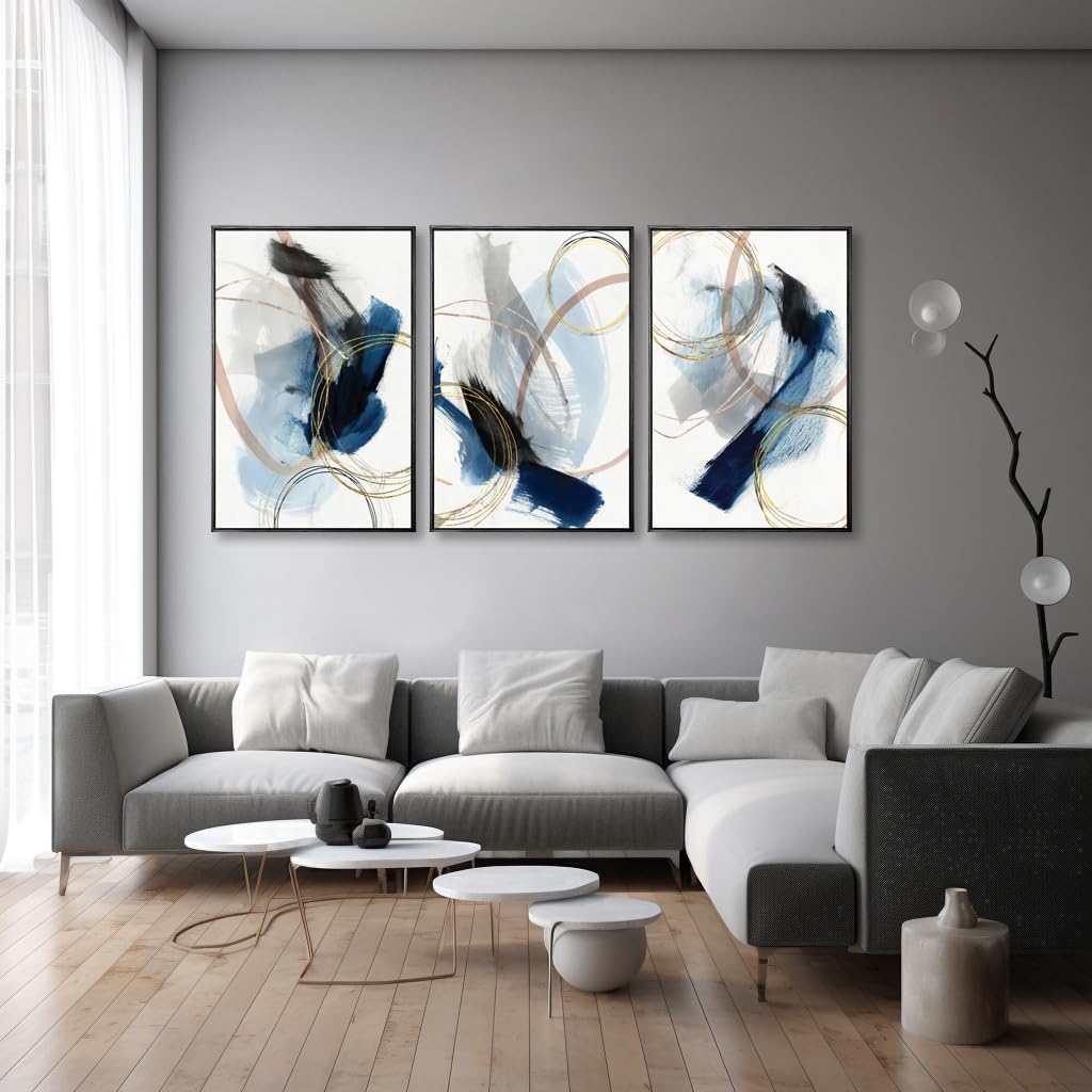 3 Piece black franed Abstract Wall Art Blue Paintings Minimalist Wall Decor Graffiti Poster Modern Artwork Picture Canvas Print,Framed for Living Room Bedroom