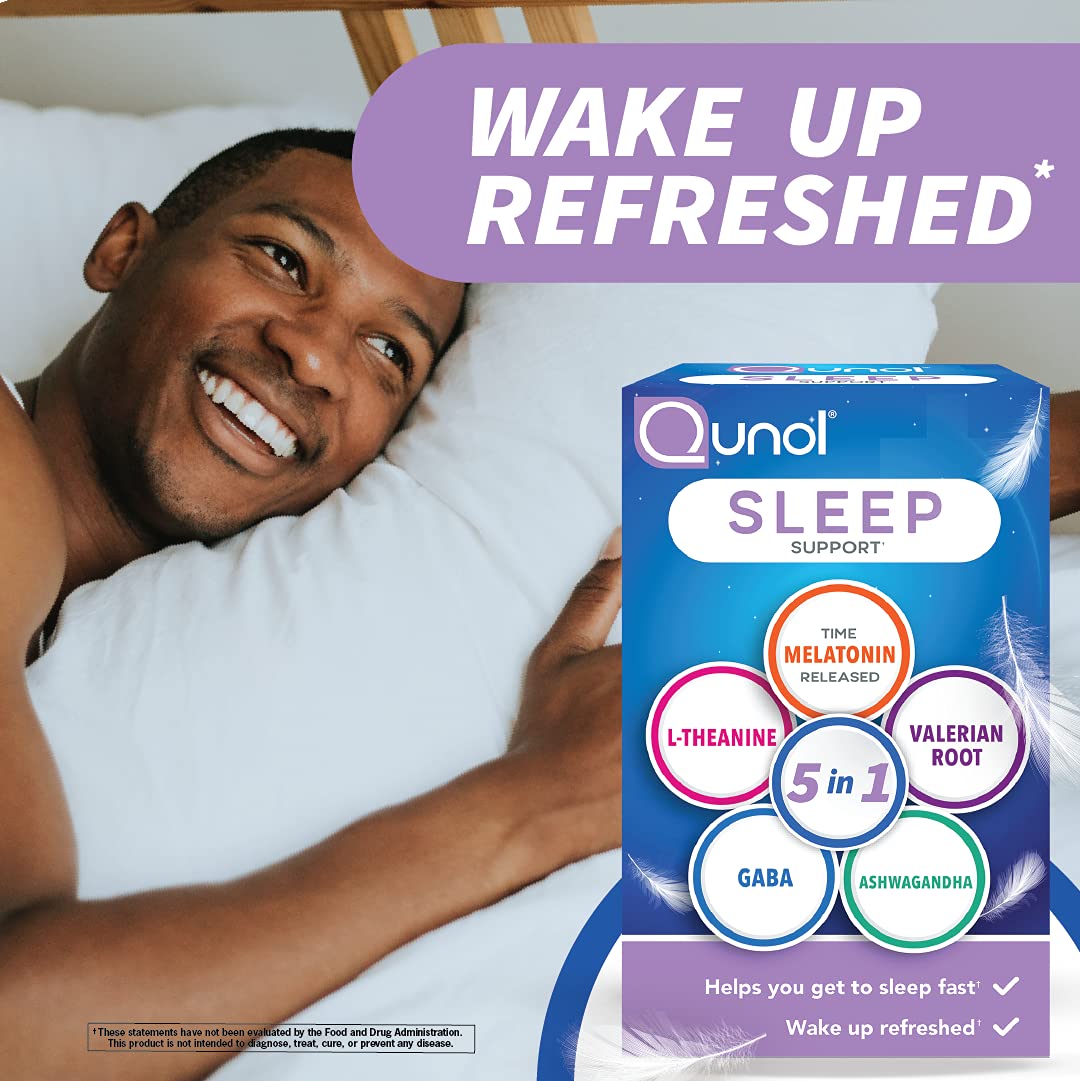 Qunol Sleep Support, 5 in 1 Non-Habit Forming Sleep Aid, Supplement with time-released Melatonin 5mg, Ashwagandha, GABA, Valerian Root, L-Theanine, 60ct Capsules