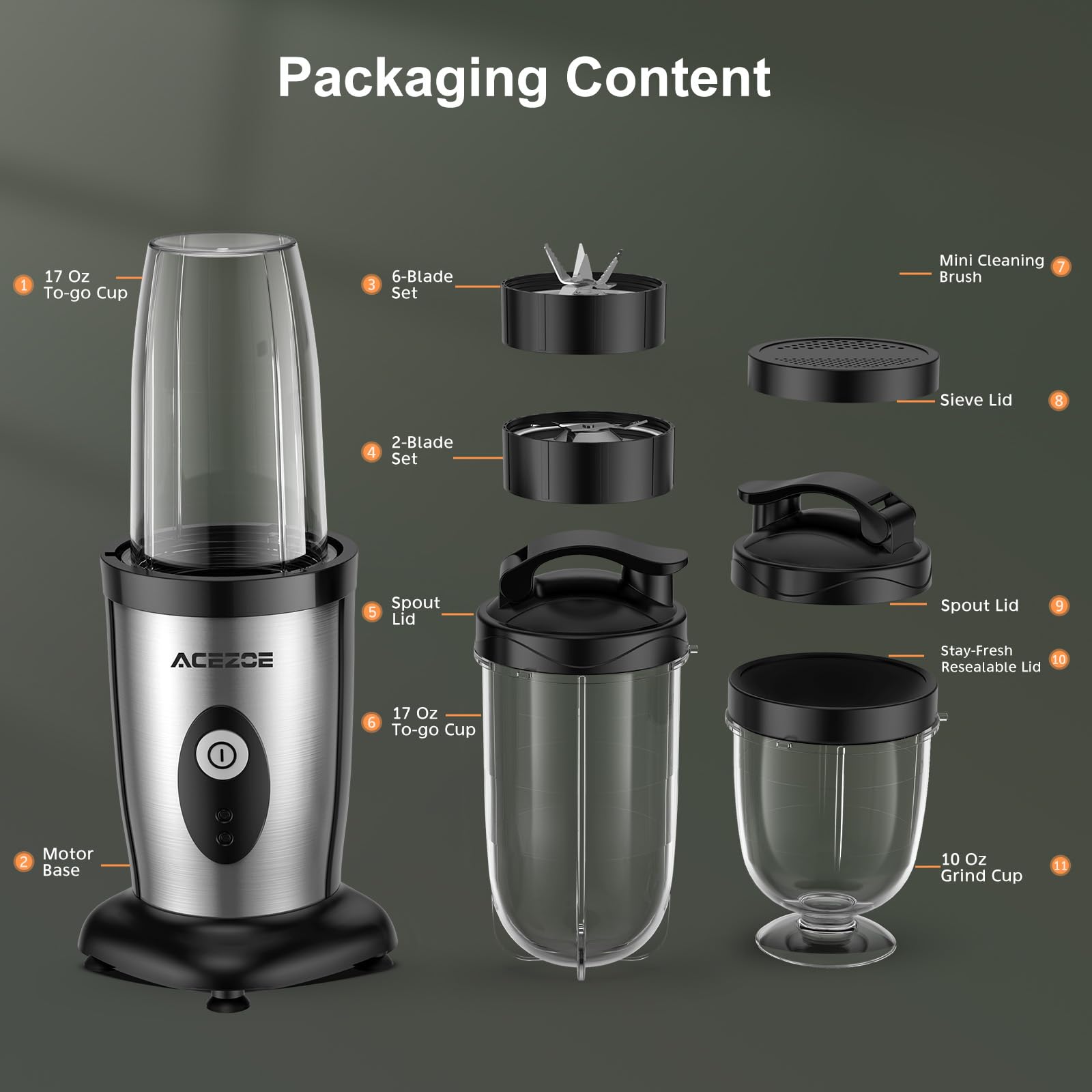 Acezoe Blender Shakes and Smoothies, 850W Portable Blender, One-Button Mixer, 3D 6-leafs, 2x17oz Personal Blender Bottle, BPA Free Kitchen, baby food, Grinding, Juice