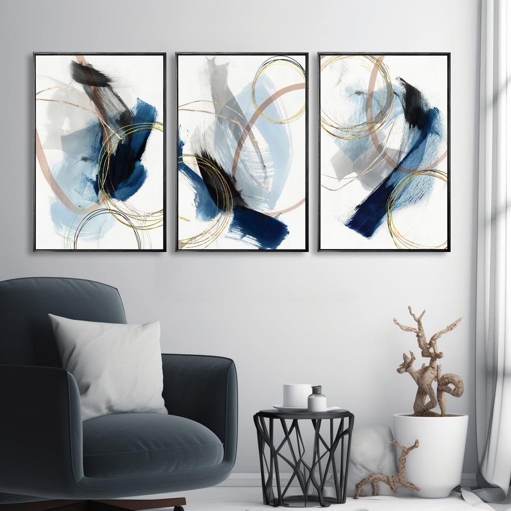 3 Piece black franed Abstract Wall Art Blue Paintings Minimalist Wall Decor Graffiti Poster Modern Artwork Picture Canvas Print,Framed for Living Room Bedroom