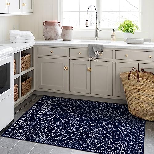 Wonnitar Moroccan Washable Rug 3x5,Blue Non-Slip Entryway Area Rug,Soft Non-Shedding Farmhouse Bedroom Throw Mat,Geometric Low Pile Scandinavian Accent Carpet for Entry Kitchen Basement