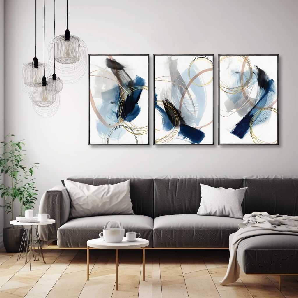 3 Piece black franed Abstract Wall Art Blue Paintings Minimalist Wall Decor Graffiti Poster Modern Artwork Picture Canvas Print,Framed for Living Room Bedroom