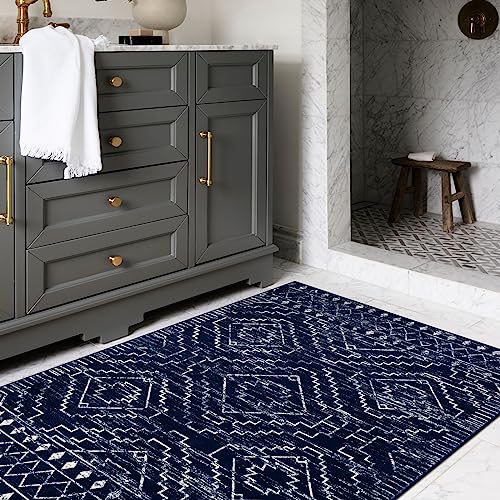 Wonnitar Moroccan Washable Rug 3x5,Blue Non-Slip Entryway Area Rug,Soft Non-Shedding Farmhouse Bedroom Throw Mat,Geometric Low Pile Scandinavian Accent Carpet for Entry Kitchen Basement