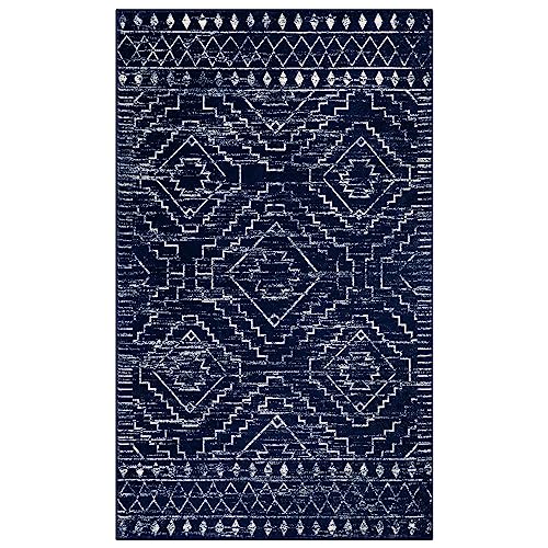 Wonnitar Moroccan Washable Rug 3x5,Blue Non-Slip Entryway Area Rug,Soft Non-Shedding Farmhouse Bedroom Throw Mat,Geometric Low Pile Scandinavian Accent Carpet for Entry Kitchen Basement