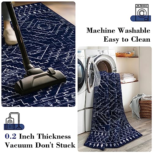 Wonnitar Moroccan Washable Rug 3x5,Blue Non-Slip Entryway Area Rug,Soft Non-Shedding Farmhouse Bedroom Throw Mat,Geometric Low Pile Scandinavian Accent Carpet for Entry Kitchen Basement