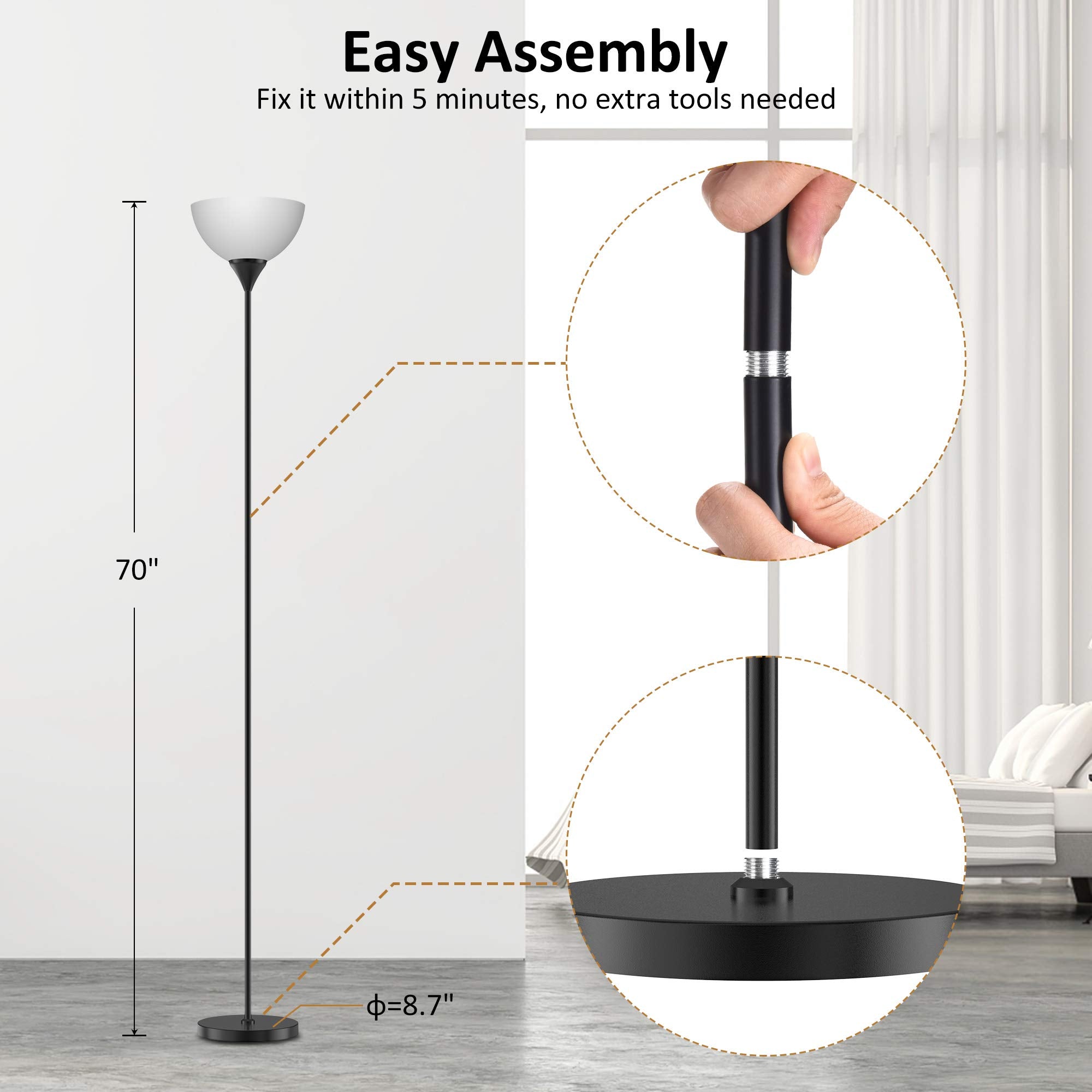 PESRAE Floor Lamp, Remote Control with Stpeless Color Temperatures and Brightness, Torchiere lamp for Bedroom, Living Room, Bulb Included (Matte Black)