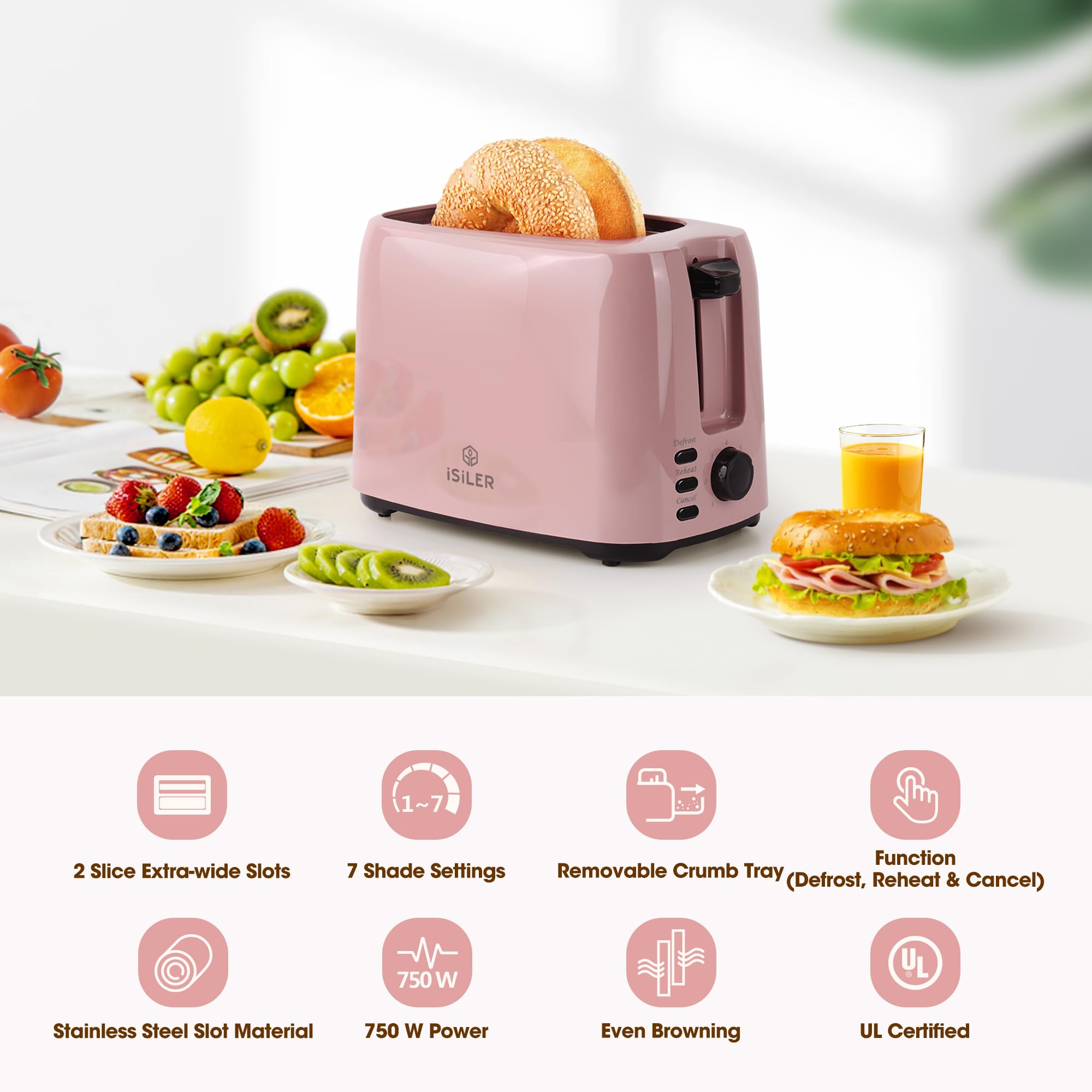 iSiLER 2 Slice Toaster, 1.3 Inches Wide Slot Bagel Toaster with 7 Shade Settings and Double Side Baking, Compact Bread Toaster with Removable Crumb Tray, Defrost Cancel Function Pink