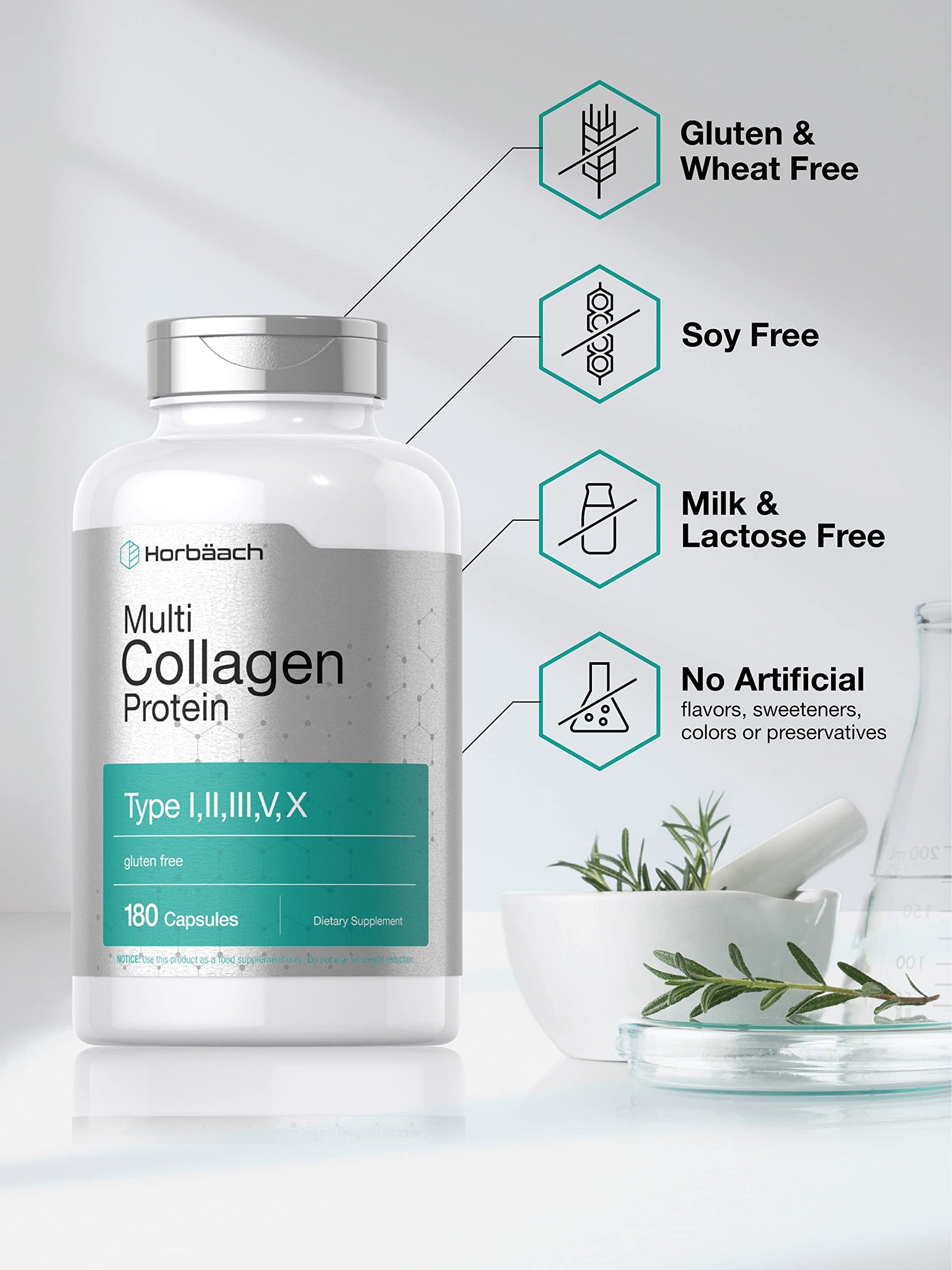 Multi Collagen Protein 2000 mg | 180 Capsules | Type I, II, III, V, X | Collagen Peptide Pills | Keto & Paleo Friendly, Gluten Free Supplement | by Horbaach