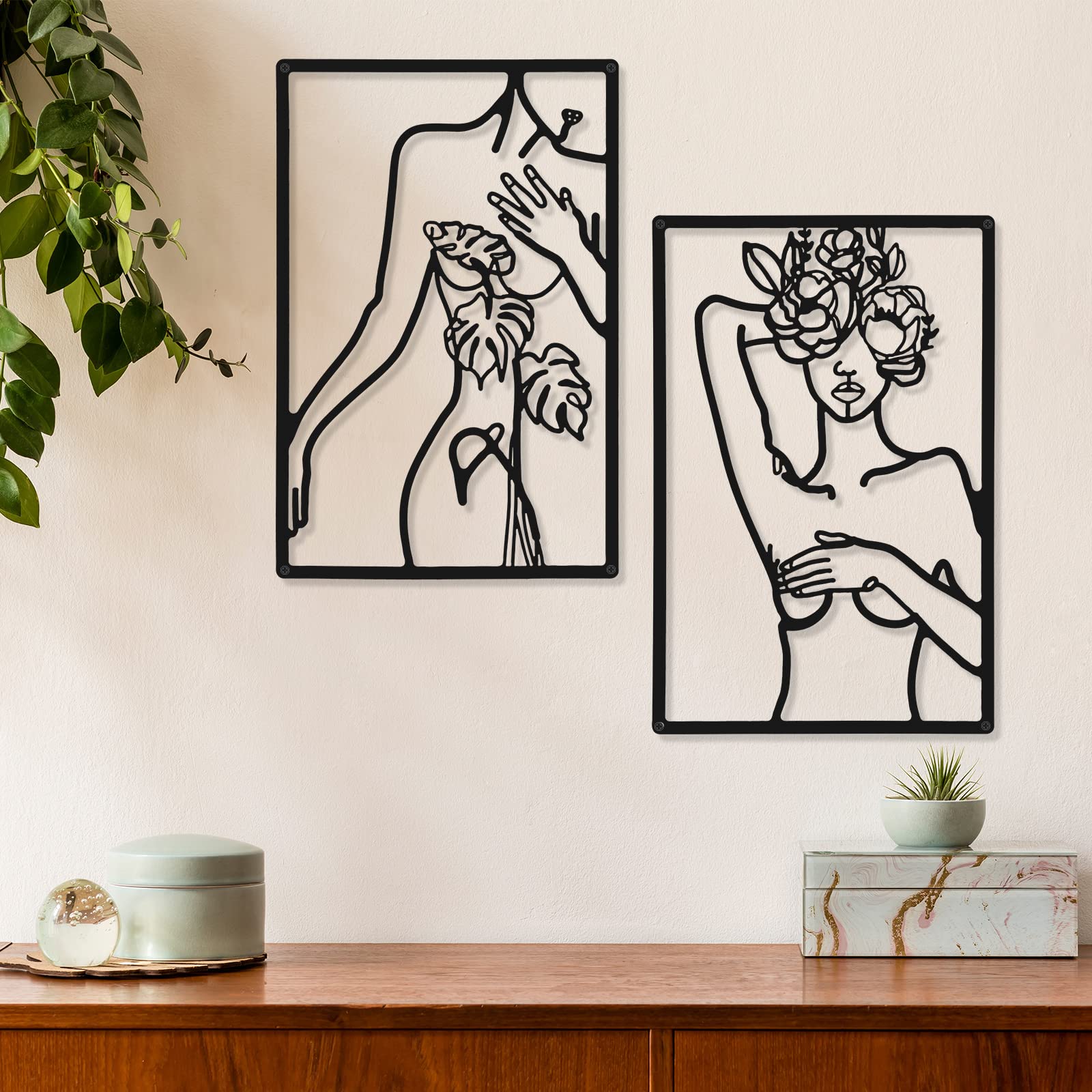 CHENGU 3 Pieces Metal Minimalist Abstract Woman Wall Art Line Drawing Wall Art Decor Single Line Female Home Hanging Wall Art Decor for Kitchen Bathroom Living Room (Black,Body with Flower)