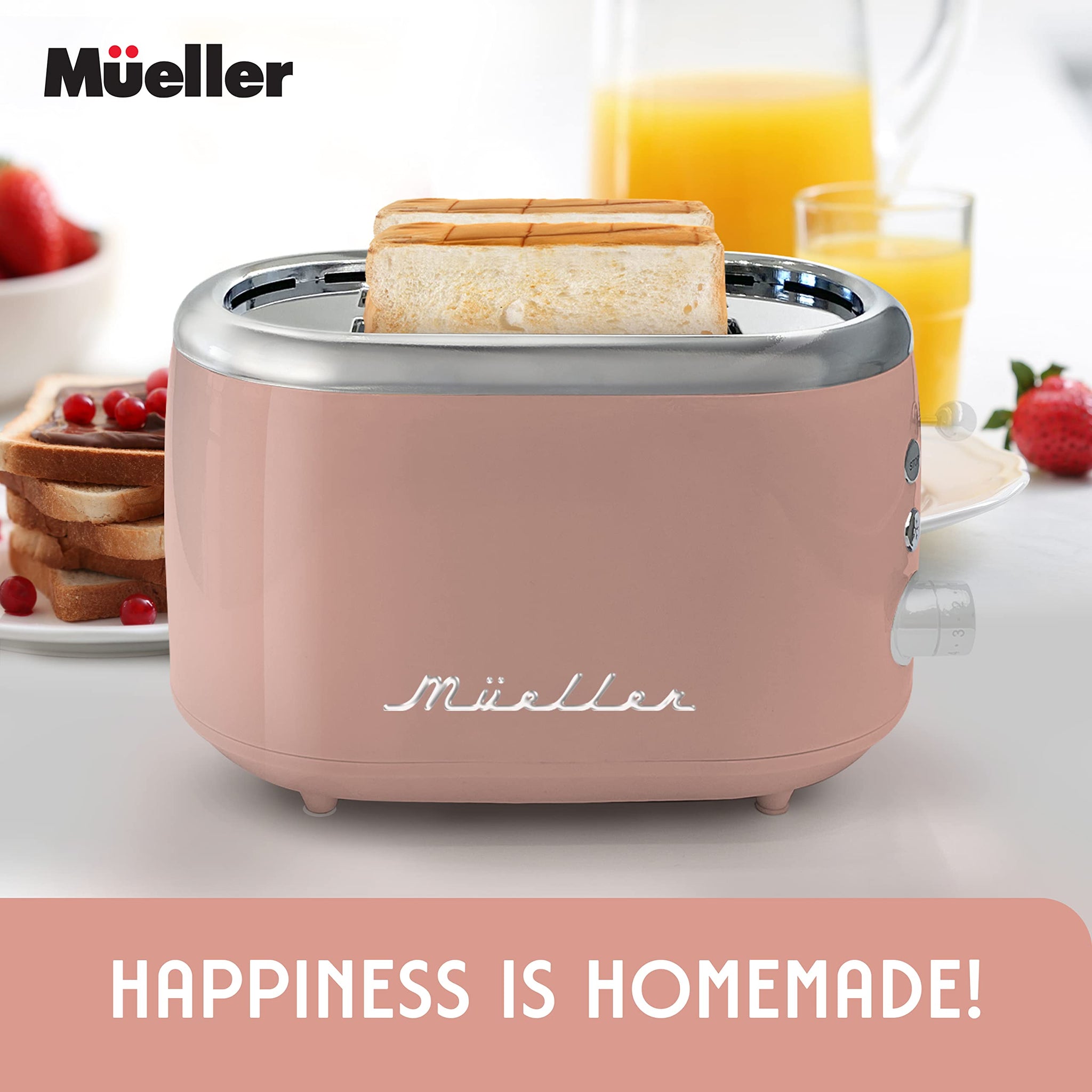 Mueller Retro Toaster 2 Slice with 7 Browning Levels and 3 Functions: Reheat, Defrost & Cancel, Stainless Steel Features, Removable Crumb Tray, Under Base Cord Storage, Pink